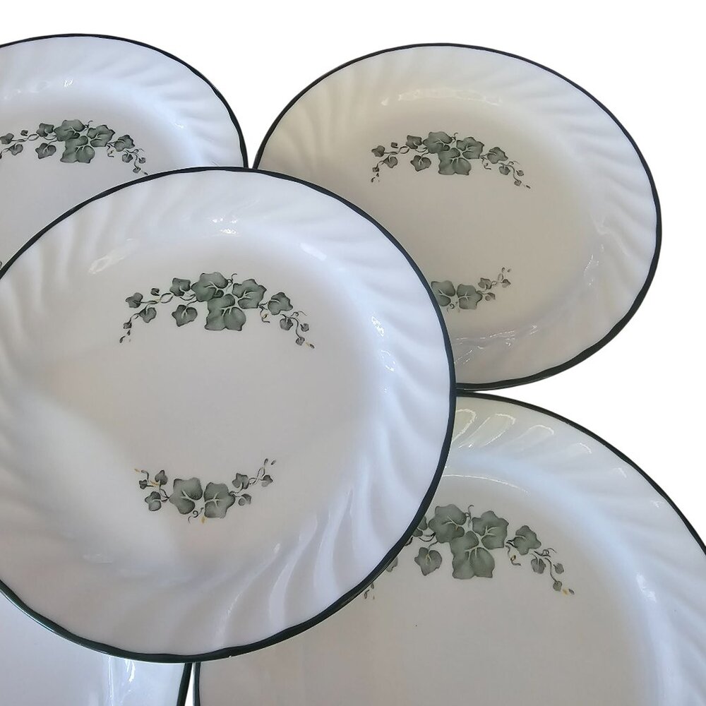 5 Corelle Callaway Salad Dessert Plates 7.25" white swirl rim green trim ivy - Picture 4 of 7